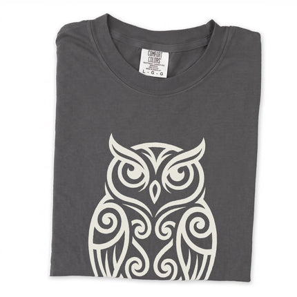 Geometric owl line art design on a long sleeve t-shirt.