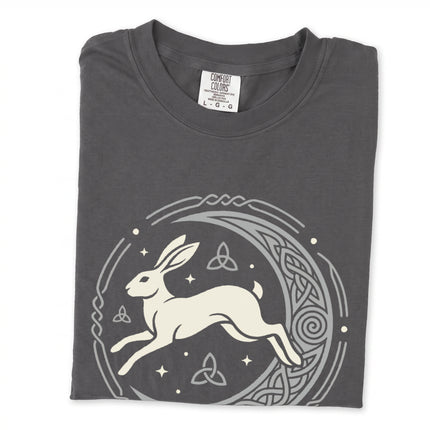 Celtic knotwork t-shirt design featuring hare and crescent moon motifs.