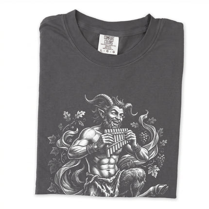 Dancing Greek god Pan playing panpipes, mythological art print design on a t-shirt.