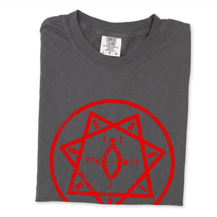 Star of Babalon occult symbol tee shirt featuring celestial pagan deity design.