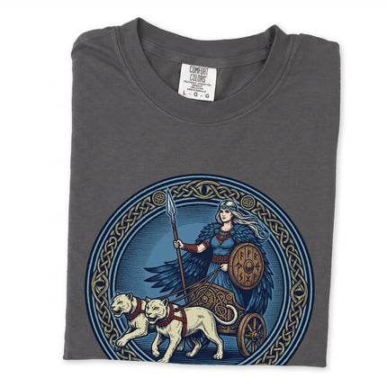 Freyja Norse Goddess and Viking cat chariot mythology graphic print on a unisex t-shirt.