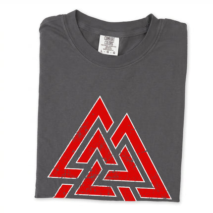 Odin Valknut symbol t-shirt featuring Norse mythology viking art design.