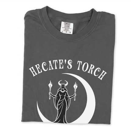 Hecate torch t-shirt featuring Greek mythology art and an occult crescent moon design.