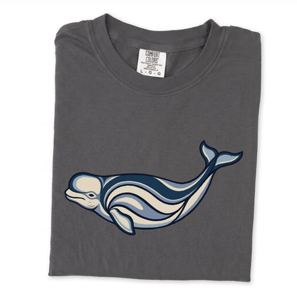 Beluga whale graphic tee featuring indigenous Inuit-inspired marine art design.