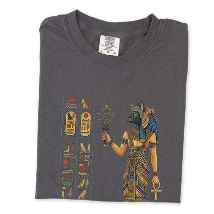 Egyptian goddess Bastet graphic tee shirt with detailed ancient Egyptian history artwork.