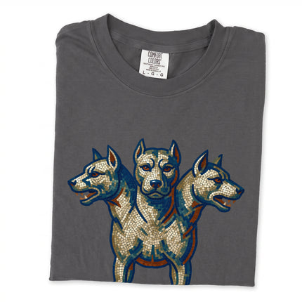 Mosaic graphic of Cerberus, the three-headed dog from Greek mythology printed on a t-shirt.