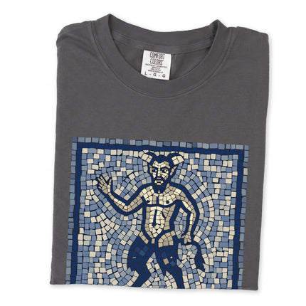 Mosaic depiction of a satyr from ancient Greek mythology printed on a comfortable tee shirt.