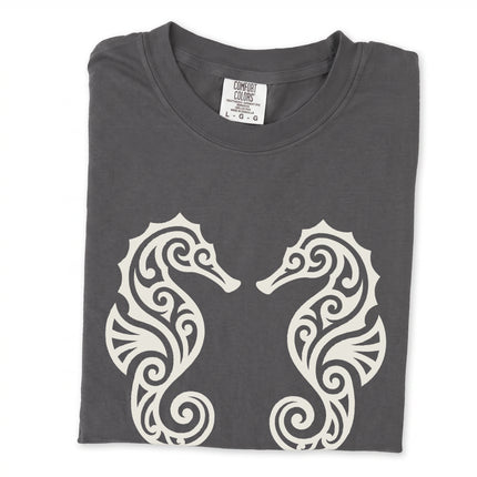Ornate tribal seahorse graphic print on a unisex marine life t-shirt.