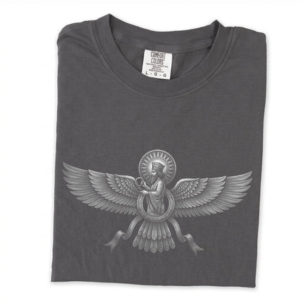 Black long sleeve t-shirt featuring an etched Faravahar symbol, a detailed Persian graphic tee design.