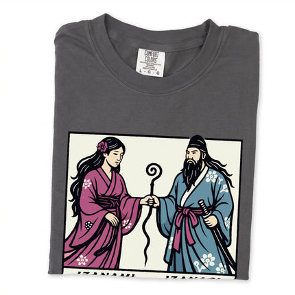 Izanami and Izanagi shinto gods graphic t-shirt featuring Japanese mythology art.