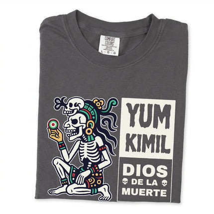Yum Kimil Mayan Death God skeleton graphic printed on a black t-shirt.