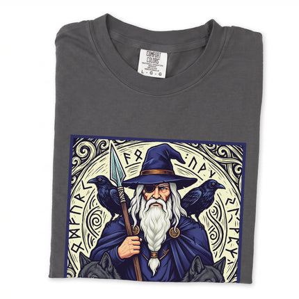 Odin Allfather T-shirt featuring Norse mythology raven and wolf graphic print for Viking fans.