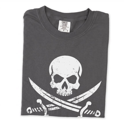 Jolly Roger pirate skull and cutlass graphic long sleeve t-shirt.