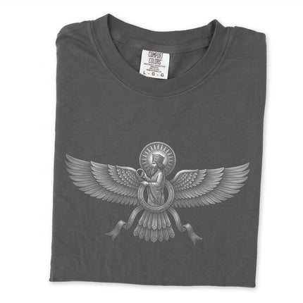 Faravahar symbol t-shirt featuring ancient Persian Zoroastrian mythology design. Unisex tee.