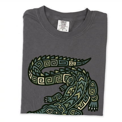 Mayan crocodile geometric print long sleeve t-shirt.