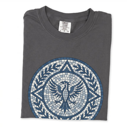 Blue mosaic phoenix t-shirt graphic in Roman style mythology design.