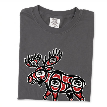 Moose Spirit T-shirt featuring Indigenous style Formline Art moose graphic design print.