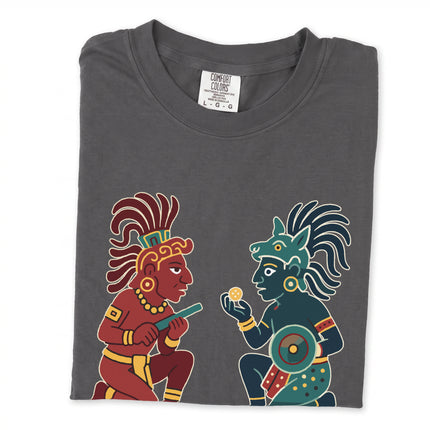 Graphic t-shirt design of Hunahpu and Xbalanque from Mayan mythology's Popol Vuh story.
