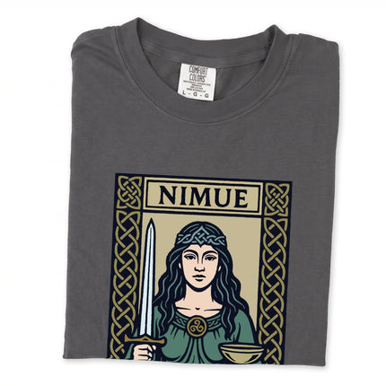 Nimue Lady of the Lake t-shirt featuring Celtic Arthurian sword and chalice design art.