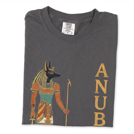 Anubis ancient Egyptian god t-shirt with intricate hieroglyphic graphic art design.