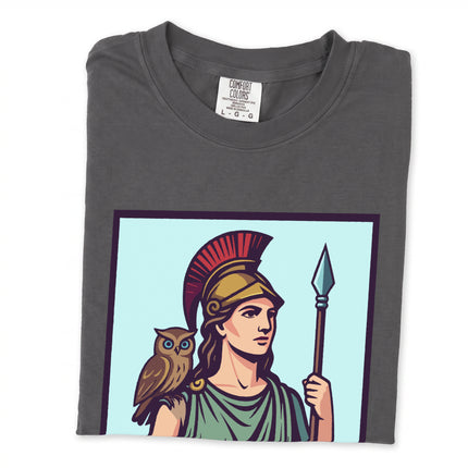Greek Goddess Athena t-shirt graphic showing an owl and spear mythology design print.
