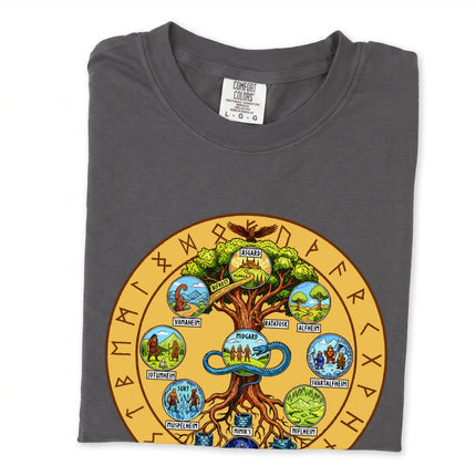 Yggdrasil World Tree graphic tee featuring nine realms and Norse rune mythology design.