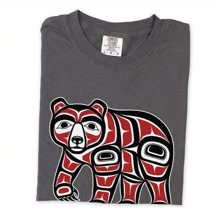 Red and white formline bear graphic long sleeve t-shirt featuring Pacific Northwest wildlife art.
