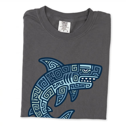 Blue tribal shark t-shirt featuring geometric Mayan oceanic design on a blue tee.