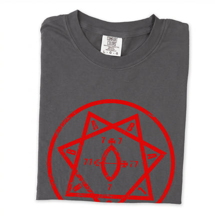 Red long sleeve tee featuring the Star of Babalon Thelemic Emblem graphic.