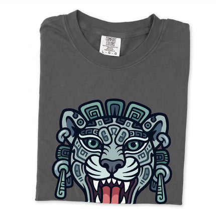 Ancient Mesoamerican Mayan jaguar head tribal art graphic t-shirt design.