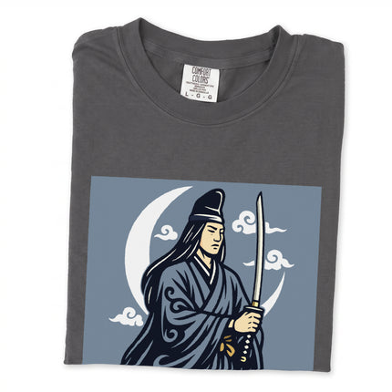 Tsukuyomi Japanese Moon God graphic t-shirt featuring swords and a celestial crescent moon design.