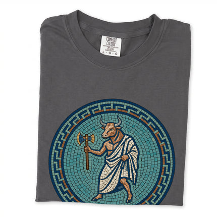 Greek Minotaur mosaic design on a t-shirt, featuring mythological labyrinth art and axe motifs.