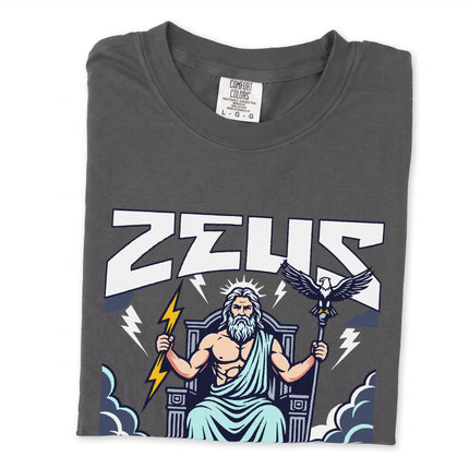 Zeus King of the Gods graphic tee featuring a lightning bolt and powerful eagle motif from Greek mythology.
