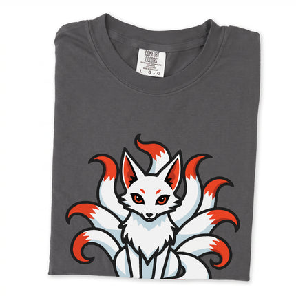 Nine-tailed fox kitsune graphic t-shirt with Japanese mythology art print.
