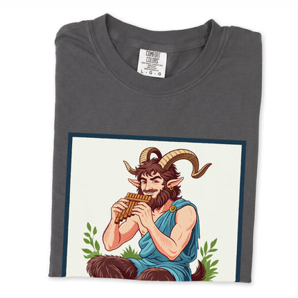 Satyr Pan graphic t-shirt featuring Greek mythology art and a decorative flute design.