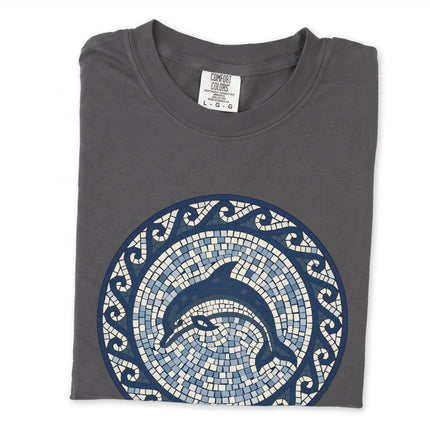Blue dolphin mosaic art t-shirt with marine sea life and Greek key design.