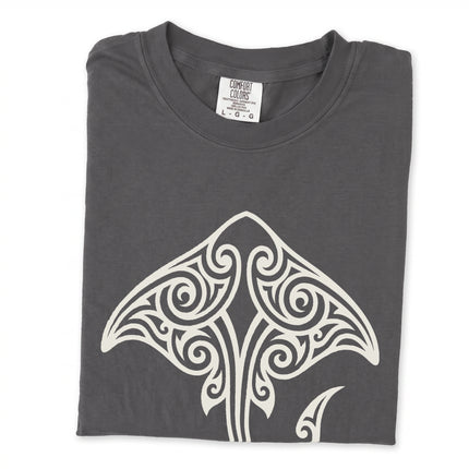 Maori tribal stingray t-shirt featuring Polynesian ocean life graphics and art.