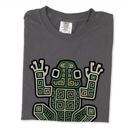 Tribal Mayan frog geometric symbol art print on a comfortable tee shirt.