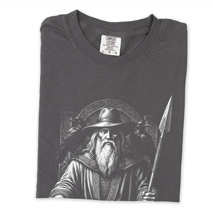 Odin Norse god t-shirt design: seated god with spear and ravens graphic.