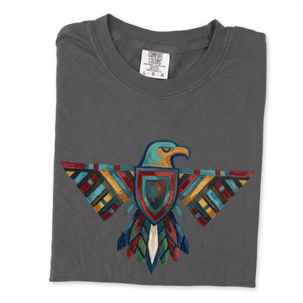 Geometric thunderbird and eagle graphic tee design featuring native american art.