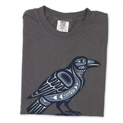 Pacific Northwest raven symbol t-shirt with indigenous Inuit-inspired graphic art design.