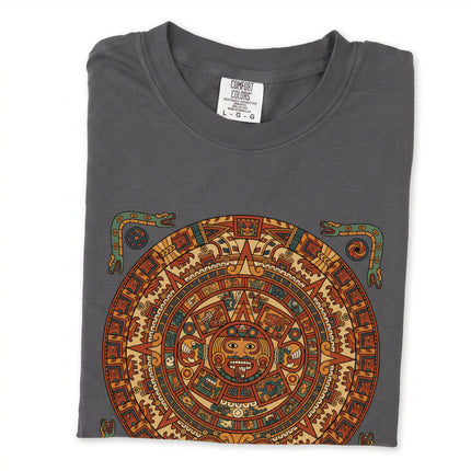 Mayan calendar art graphic tee featuring ancient Mesoamerican celestial designs.
