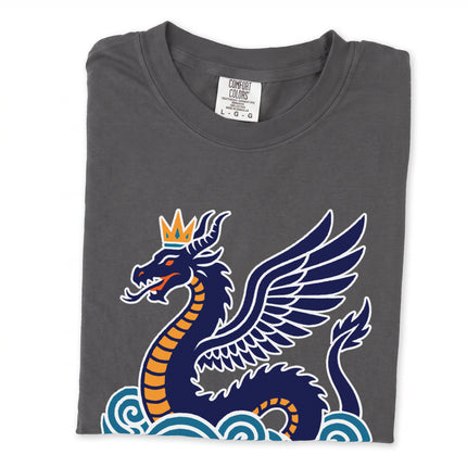 Tiamat dragon crowned sea serpent mythology graphic tee shirt design featuring powerful mythical art.