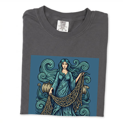 Rán Norse Sea Goddess t-shirt featuring mythological ocean waves and net design print.