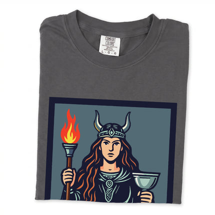 Gullveig Norse Mythology tee featuring a Viking goddess, torch, and chalice design.