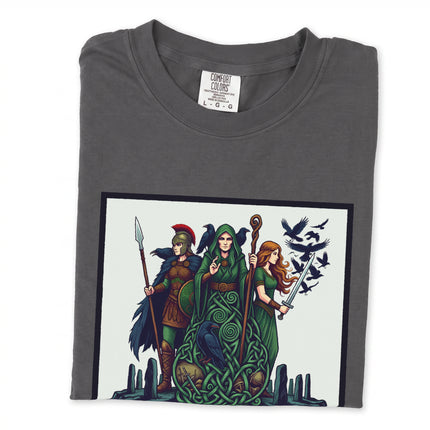 Morrigan Triple Goddess raven design on a Celtic Irish mythology t-shirt tee.