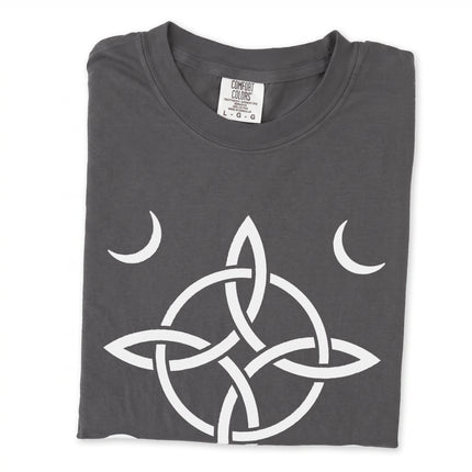 Witch's Knot and crescent moon protective symbol graphic on a tee shirt.