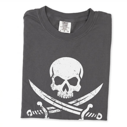 Jolly Roger pirate skull flag graphic t-shirt design.