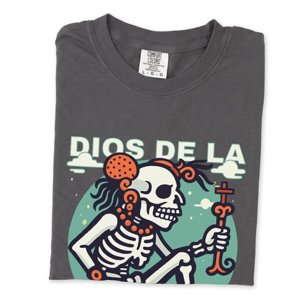 Graphic tee featuring a Mayan Death God skeleton figure in ancient mythology style art.