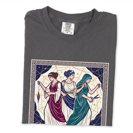 Ancient Greek goddesses Moirai of the Fates t-shirt featuring mythology artwork.